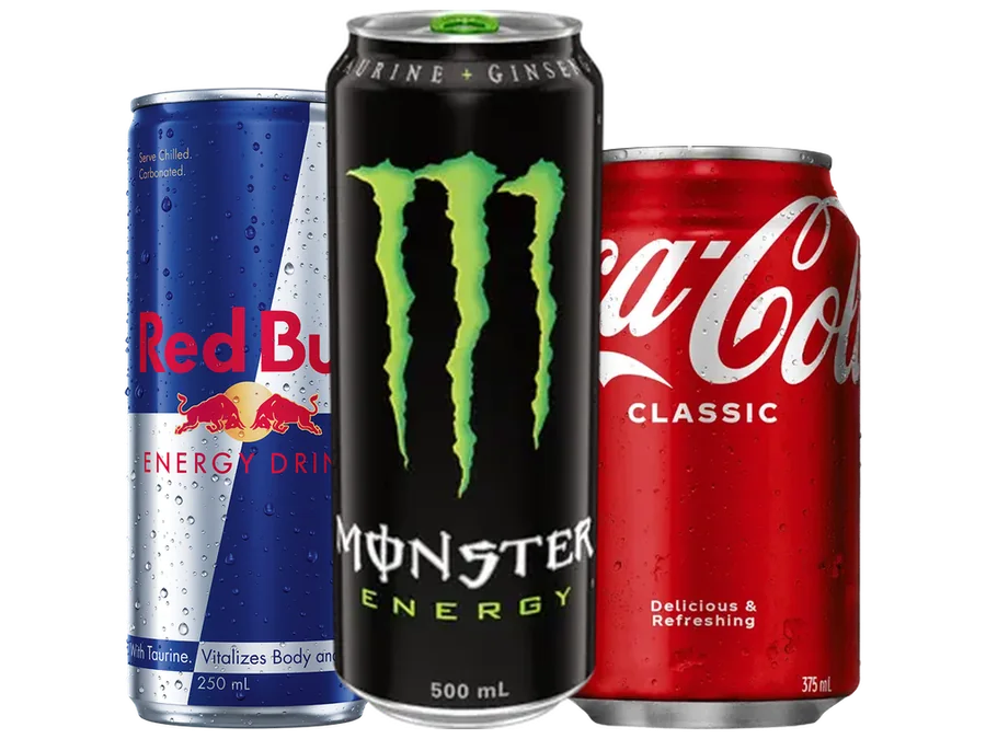 Red Bull, Monster and Coca-Cola cans